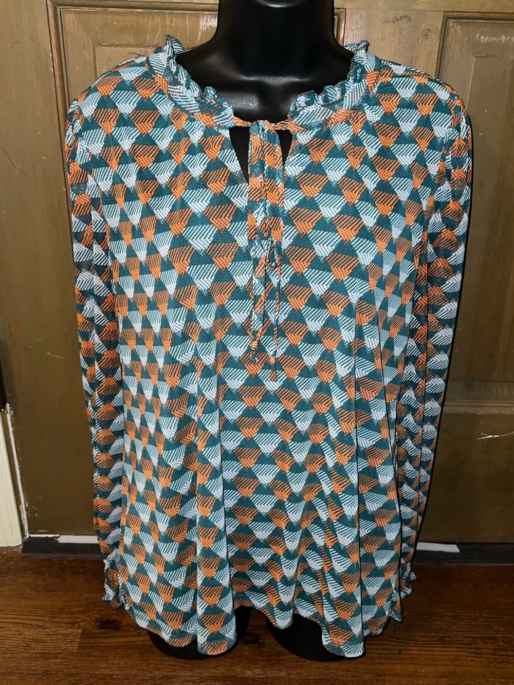 Geometric Teal Retro Blouse 70’s Ruffle Puff Balloon Sleeve Orange Boho Size L - Picture 6 of 12